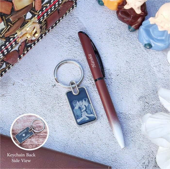 **Alt Text for Customized Pen and Keychain:** "Customized metal keychain and Nexon pen combo featuring personalized photo and text, perfect for personalized gifts, special occasions, and unique accessories. Available in black, brown, tan, wine, and grey. Permanent photo print guarantee and quick 1-day production time. Ideal for custom keychains and personalized pens."