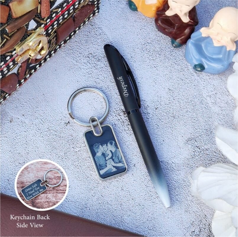 **Alt Text for Customized Pen and Keychain:** "Customized metal keychain and Nexon pen combo featuring personalized photo and text, perfect for personalized gifts, special occasions, and unique accessories. Available in black, brown, tan, wine, and grey. Permanent photo print guarantee and quick 1-day production time. Ideal for custom keychains and personalized pens."